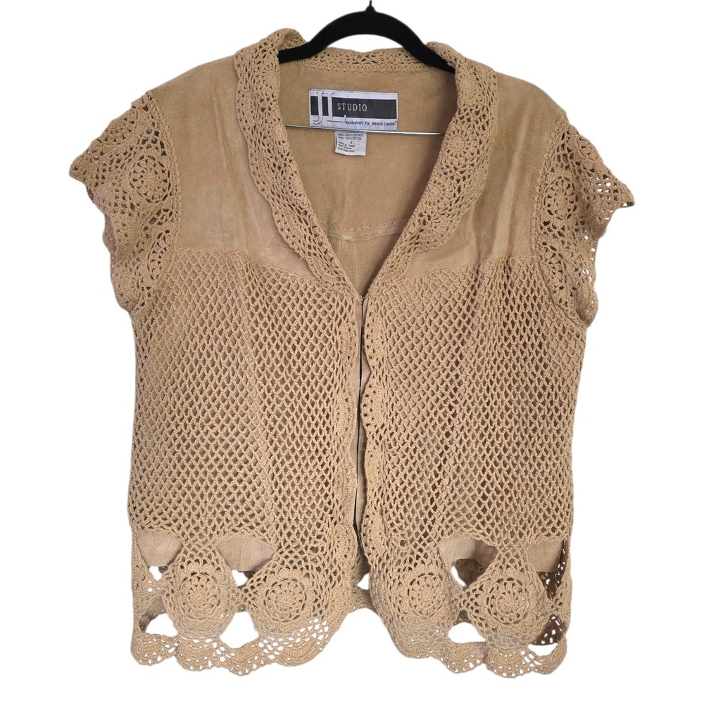 Y2K Tan‎ Leather & Crochet Short Sleeve Blazer Jacket Plus Size X